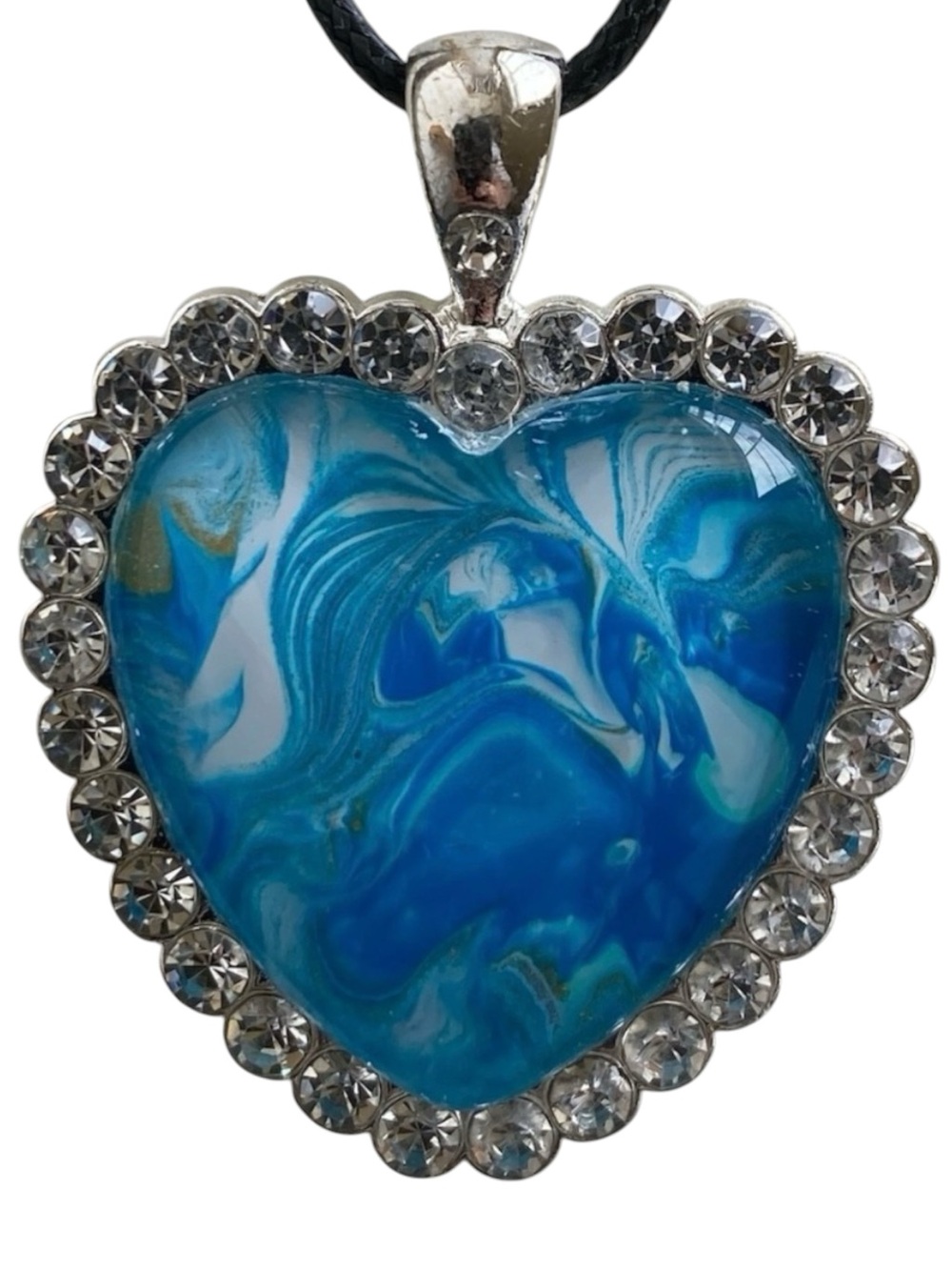 Hand Crafted Blue Aqua White Fluid Art Heart Rhinestone Pendant Necklace Size OS